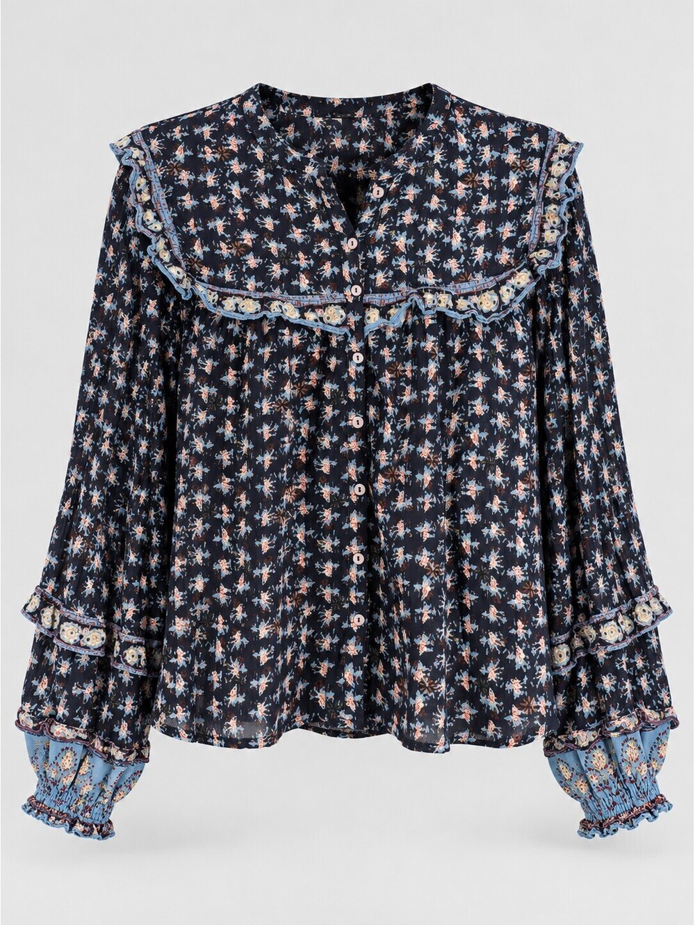Free People Women's M Navy Floral Ruffle Button Boho Blouse Cotton